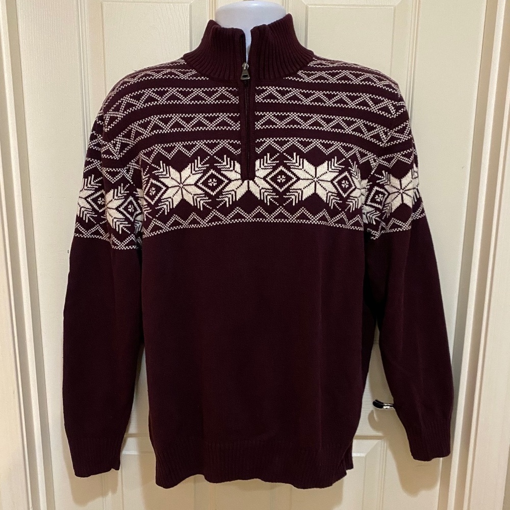 Original Weatherproof Vintage Sweater - Snowflake Quarter Zip-Burgundy-XL